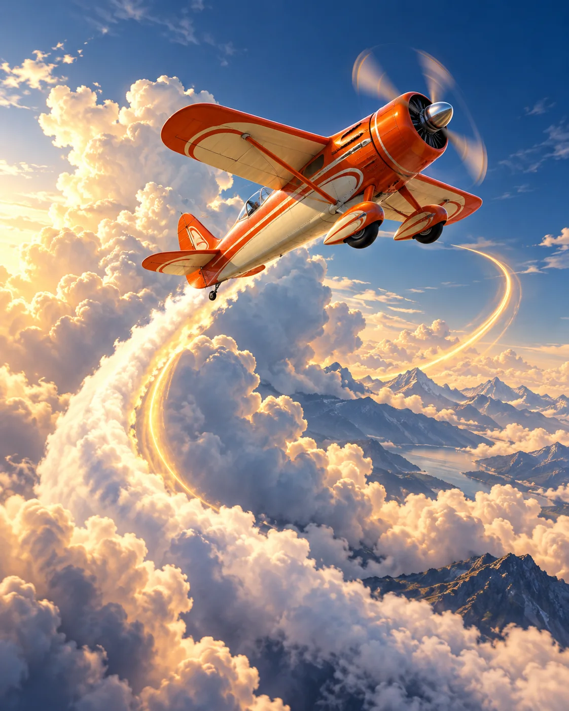 Original orange-and-cream airplane rising through bright clouds along a curved golden contrail