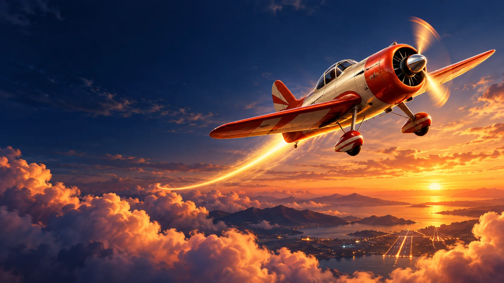 Original orange-and-cream stunt plane climbing above a sunset cloudscape with a glowing flight path